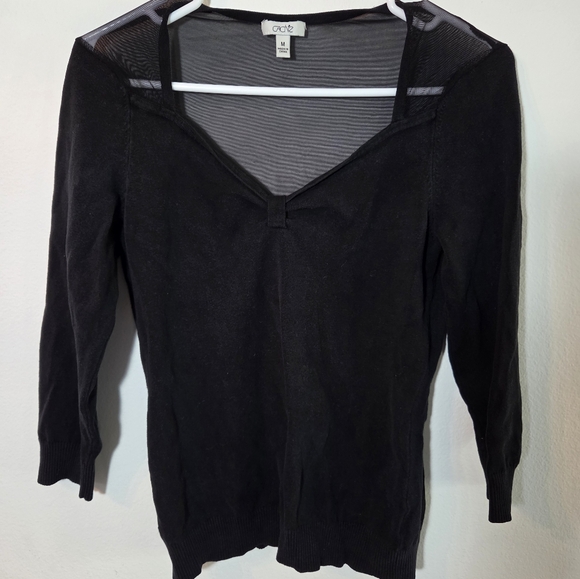 Caché 3/4 Sleeve Mesh Inlay Cinched Ruched Bust Front Sweater M Silk - Picture 1 of 6